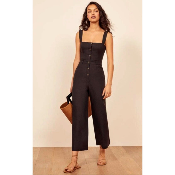 Reformation XS Della 100% LINEN Button Front Straight Leg Jumpsuit 2 Crop Black - Picture 2 of 6